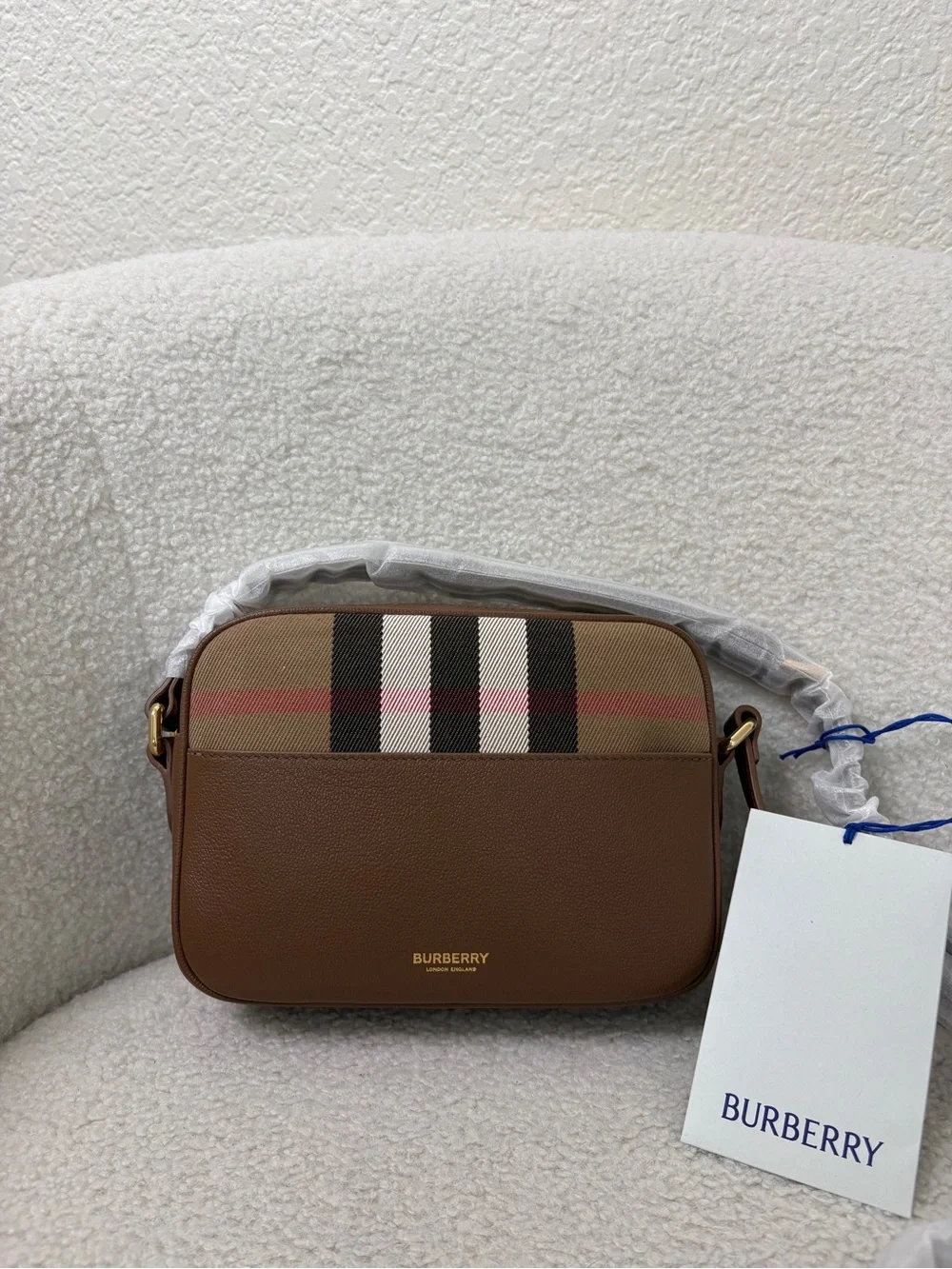 Burberry Brown Leather camera Bag with Signature Check